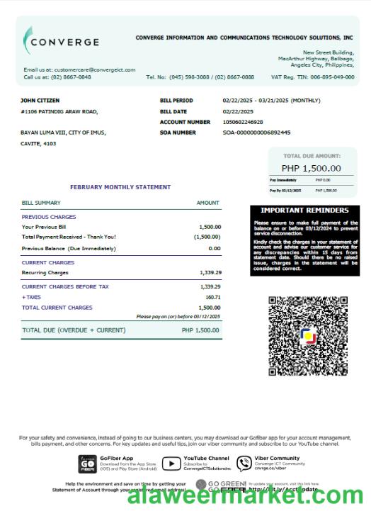 Philippines Converge utility bill template in Word and PDF formats